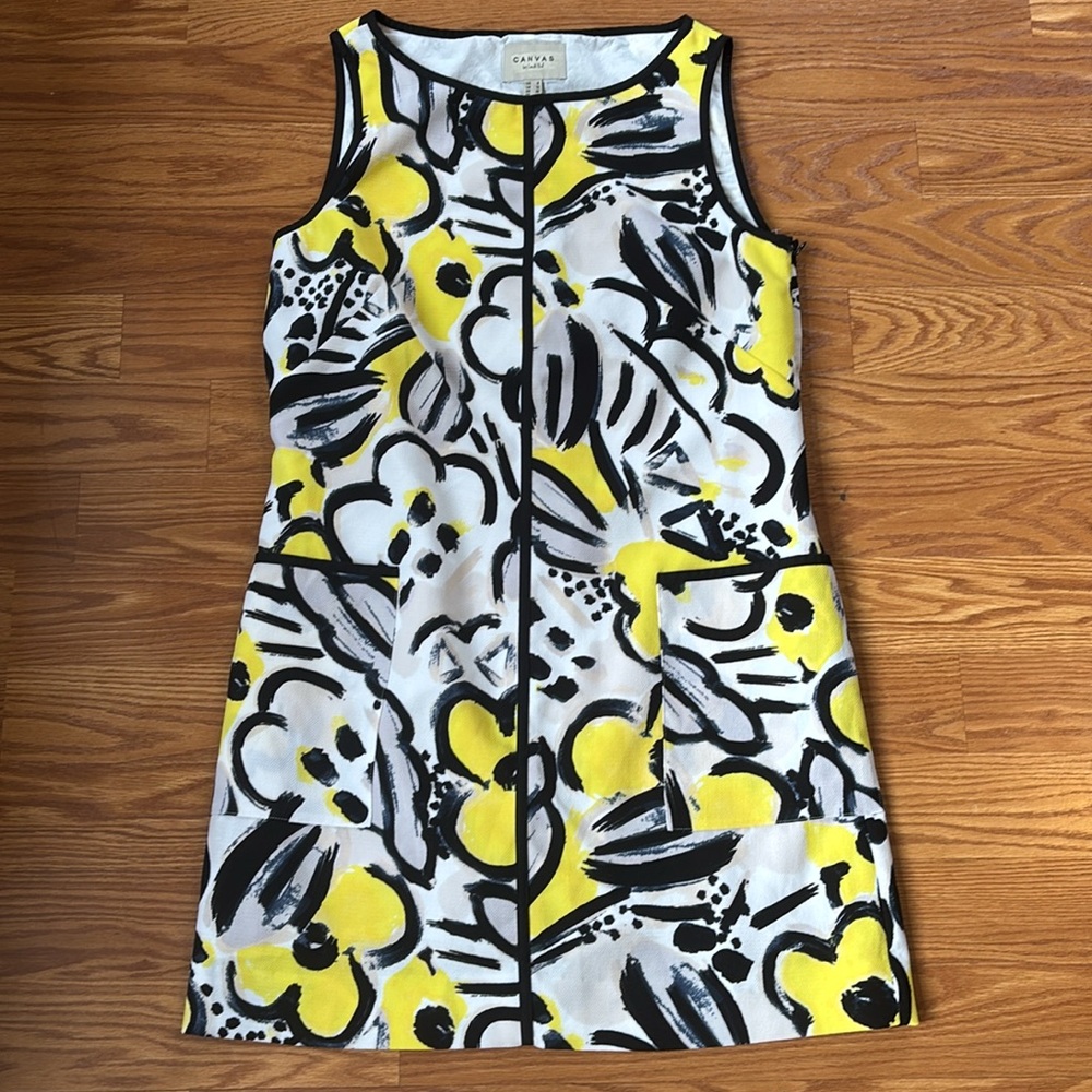 Canvas by Land's End Yellow Black and Gray Floral Sleeveless Shift Dress Size 8 - Picture 10 of 12